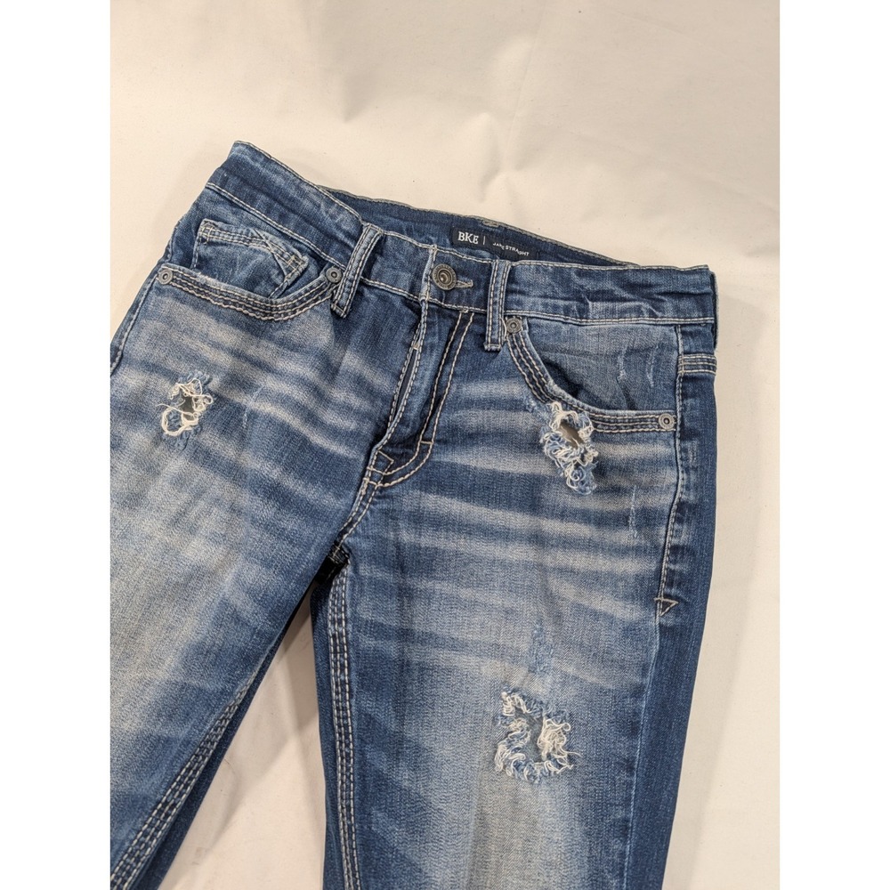 BKE Jeans Mens 30x32 Blue Jake Straight Leg Buckle Faded Dark Wash Distressed